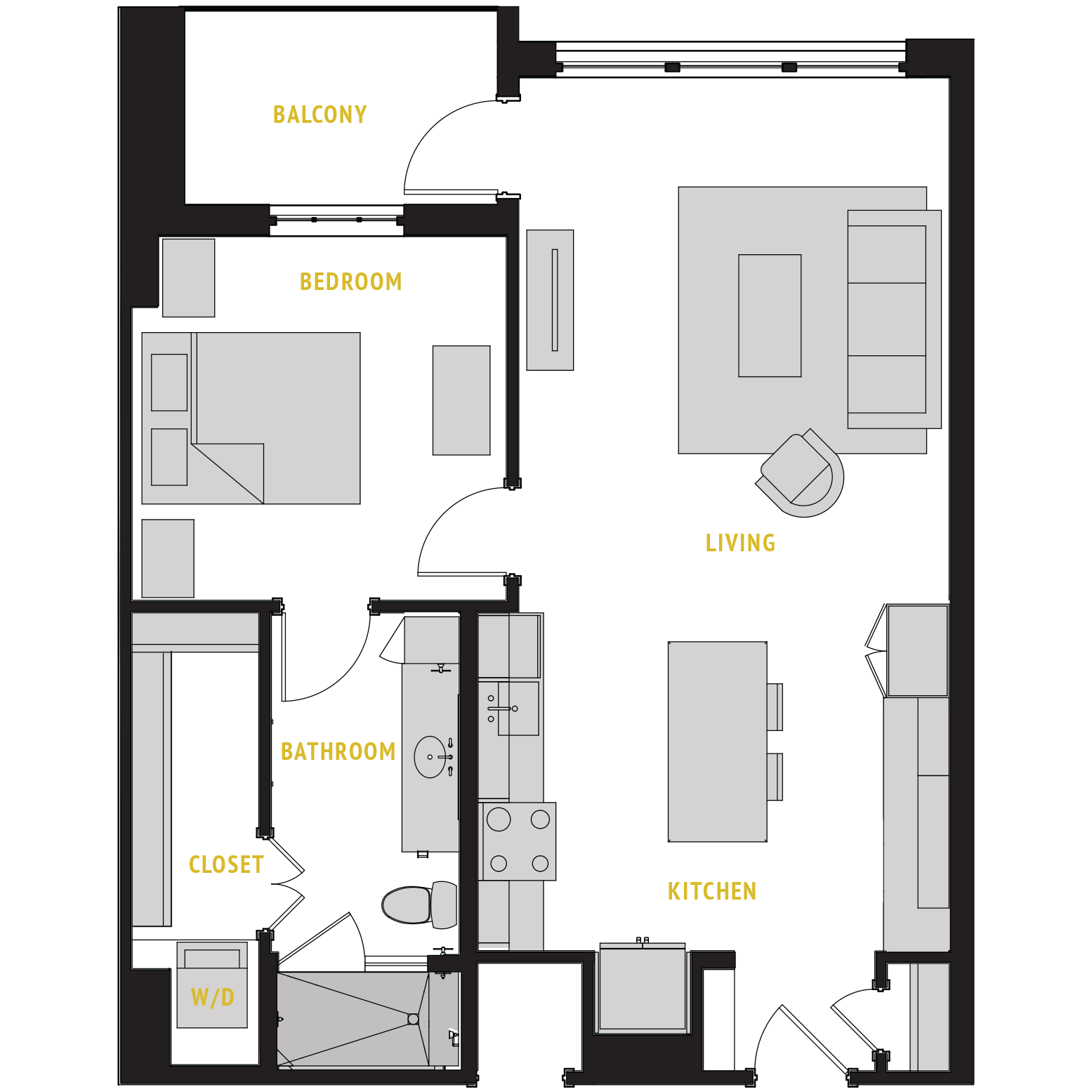 Floor plan for 1 bed, 1 bath, 832 sqft